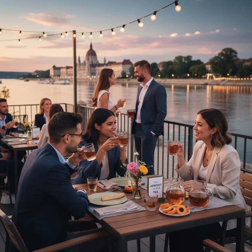 Színes teáscsésze tele sárgabarack ízű Oolong teával, körülötte friss gyümölcsökkel.