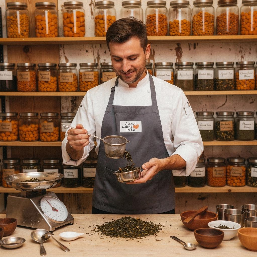 Érett sárgabarackok és oolong tea levelek színes keveréke, amely a napfényes gyümölcsös ízeket idézi.